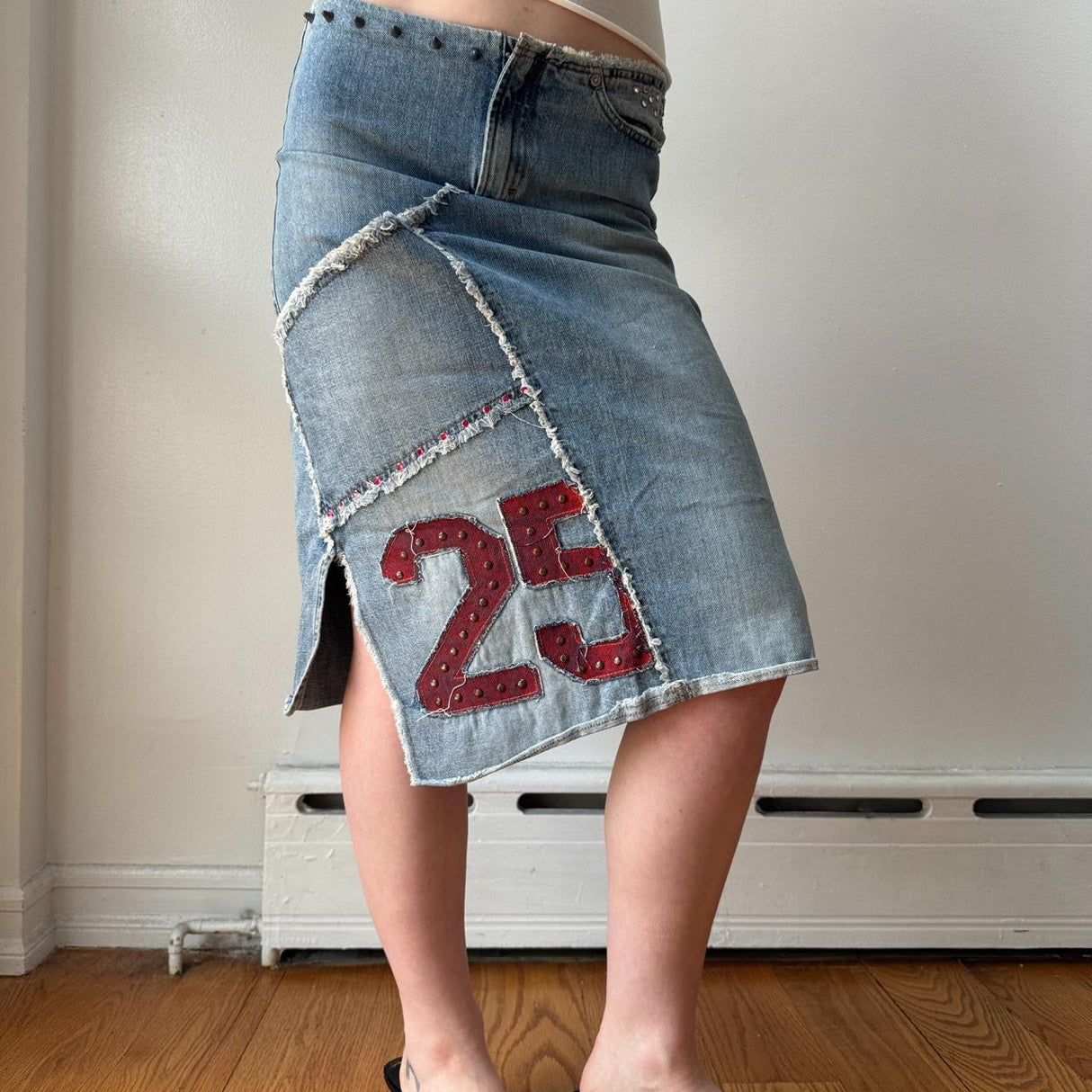 Italian Sporty Studded Denim Midi Skirt