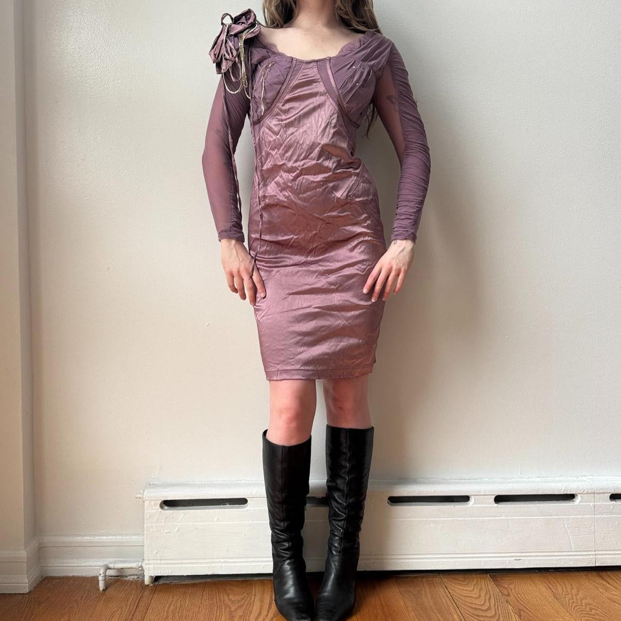 Italian Lilac Silk Puff Sleeve Midi Dress