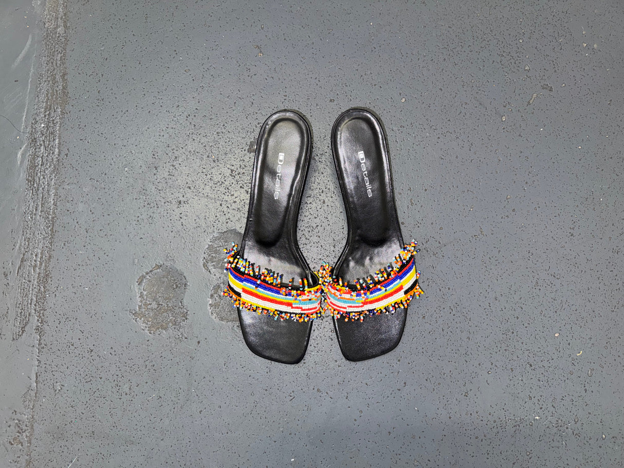 DETAILS Black and Colorful Beaded Kitten Heels Sz US 7.5