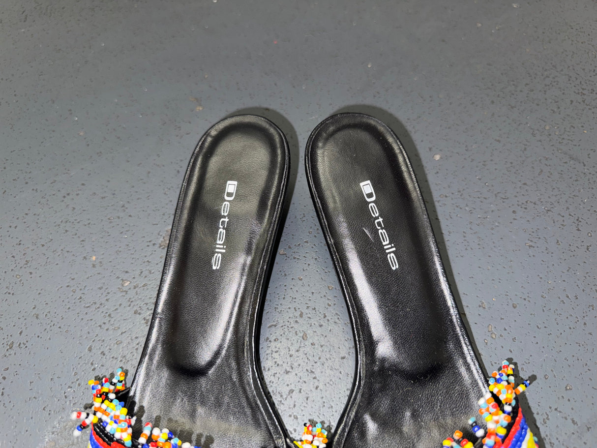 DETAILS Black and Colorful Beaded Kitten Heels Sz US 7.5