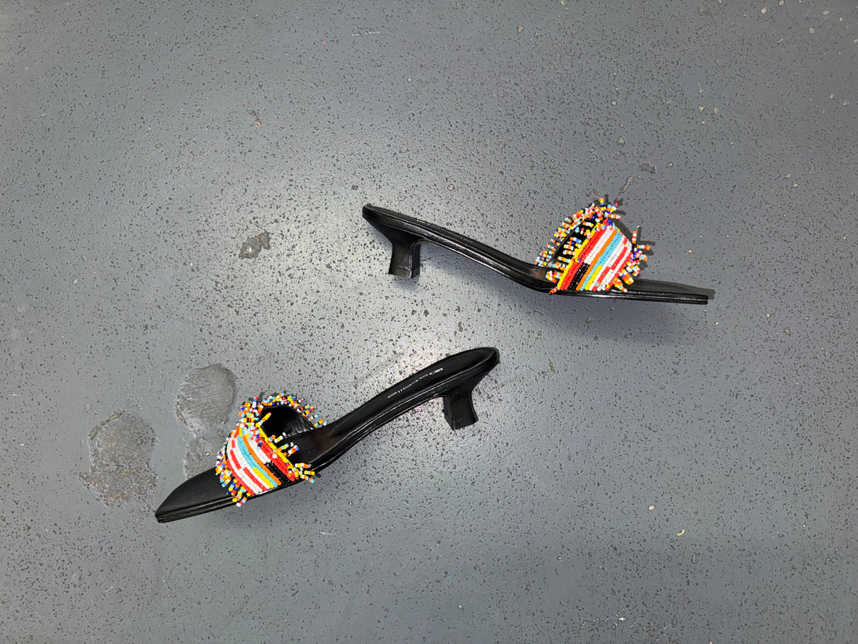 DETAILS Black and Colorful Beaded Kitten Heels Sz US 7.5