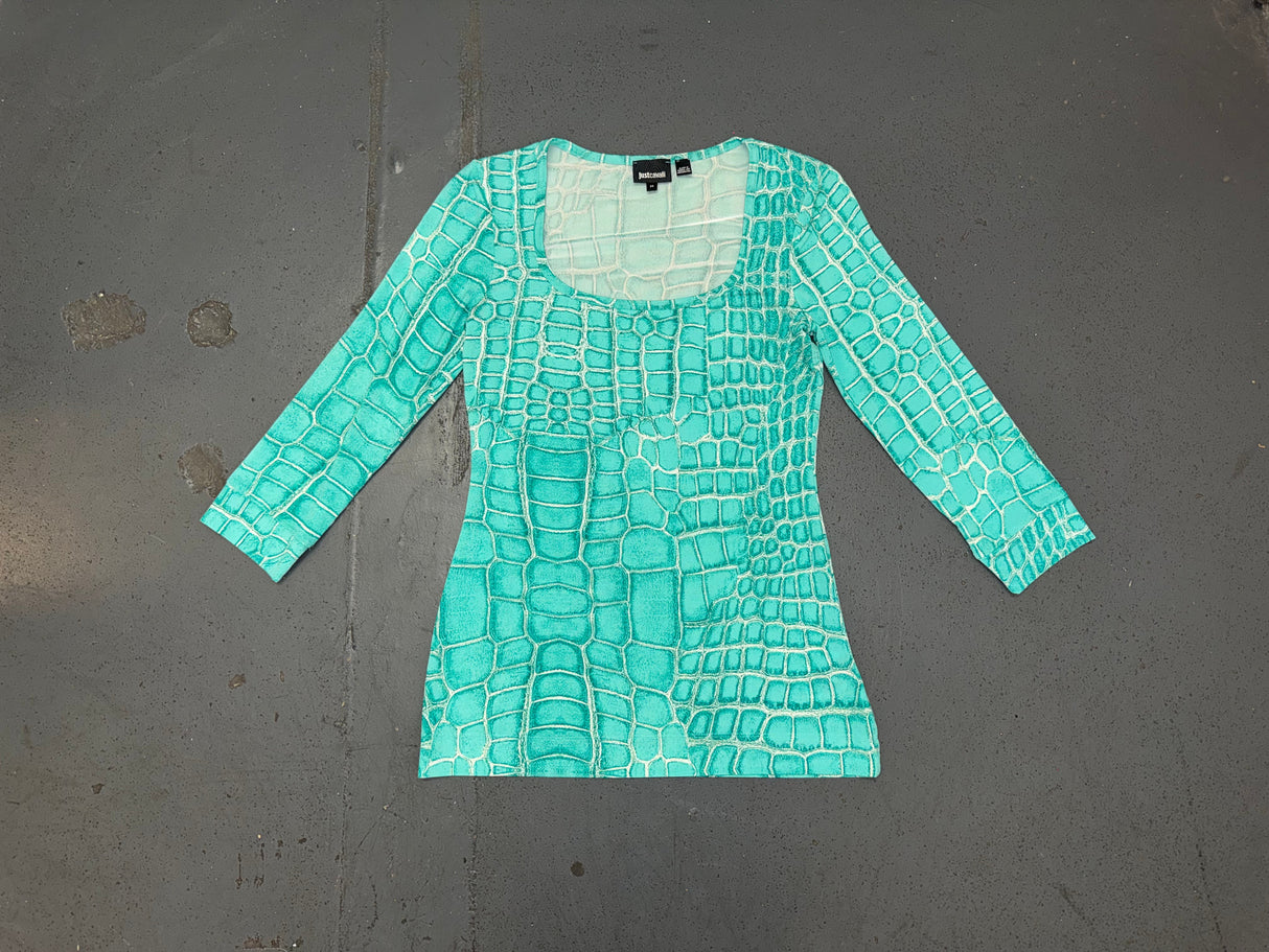 JUST CAVALLI Blue Snakeskin Print 3/4 Sleeve Top