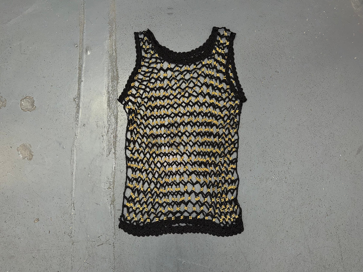 Black Crochet Knit Sleeveless Top with Gold Beads