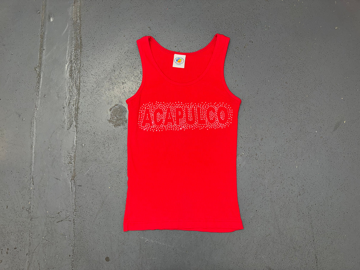 Red Ribbed Tank Top with 'Acapulco' Rhinestone Logo