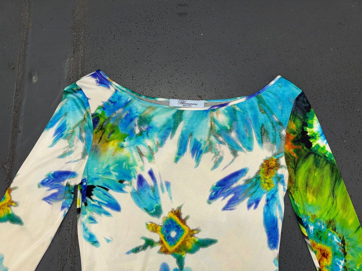 BLUMARINE Silk Blue/Green Floral Print Mini Dress