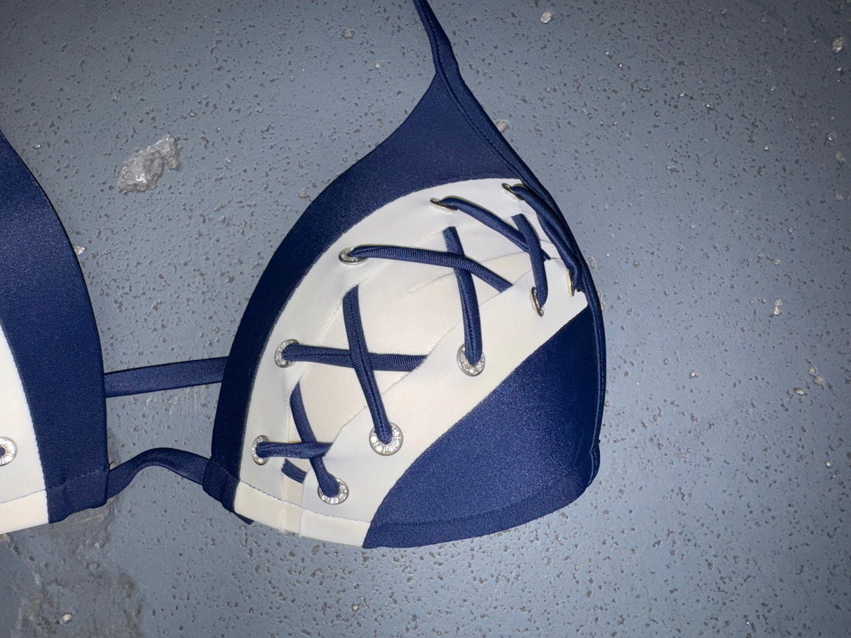 Navy And White Lace Detail Bikini Top and Bottom