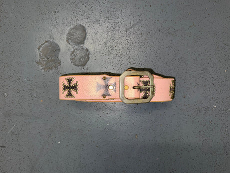 Pink Cracked Leather Belt with Studded Cross