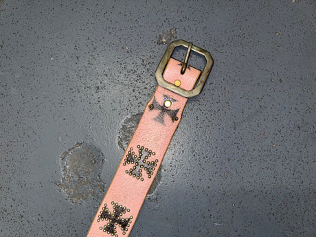 Pink Cracked Leather Belt with Studded Cross