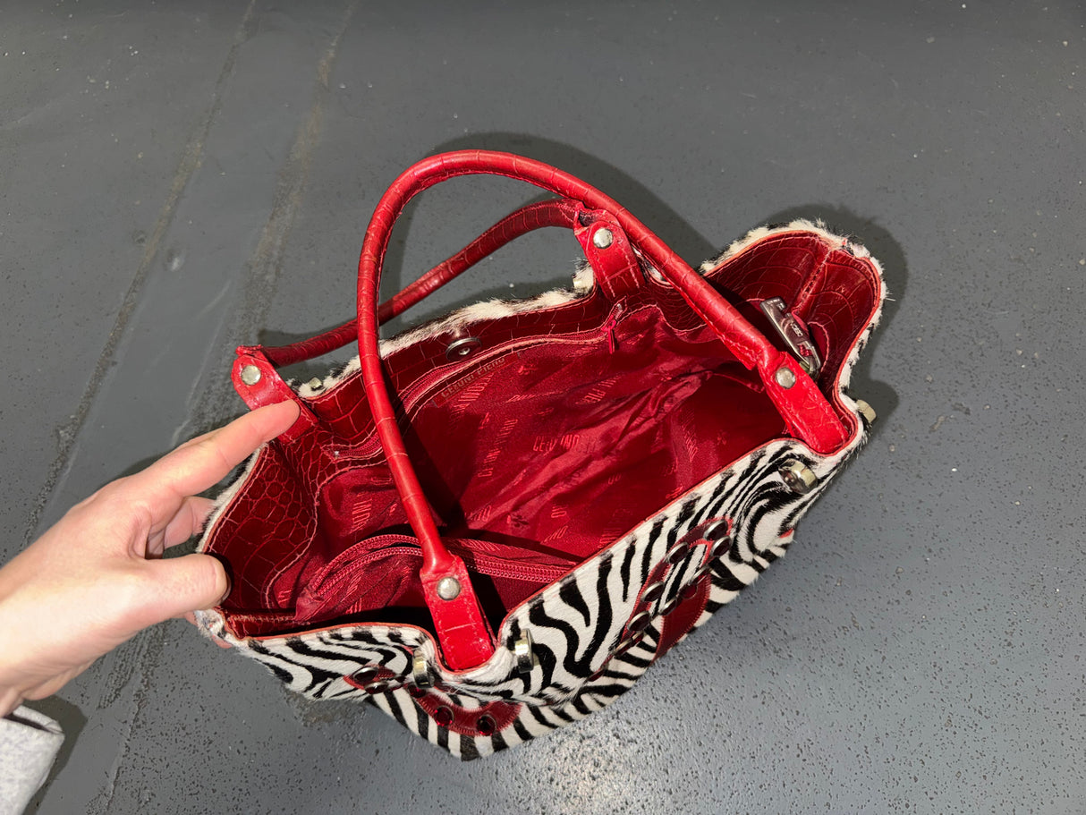 CECCONI PIERO Ponyhair Zebra Print and Red Tote Bag