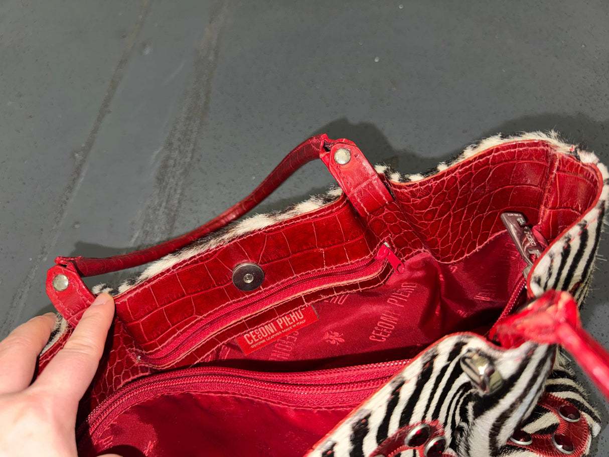 CECCONI PIERO Ponyhair Zebra Print and Red Tote Bag
