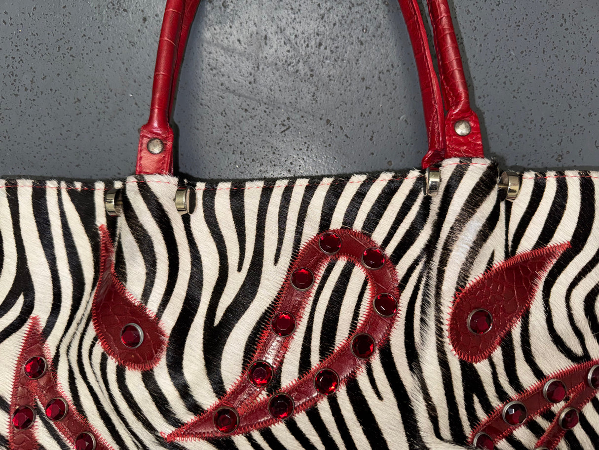 CECCONI PIERO Ponyhair Zebra Print and Red Tote Bag