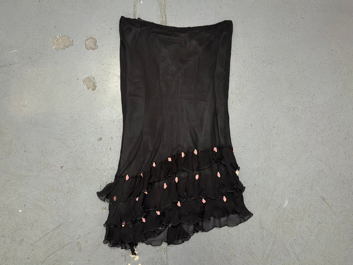 Black Silk Midi Asymmetrical Beaded Skirt