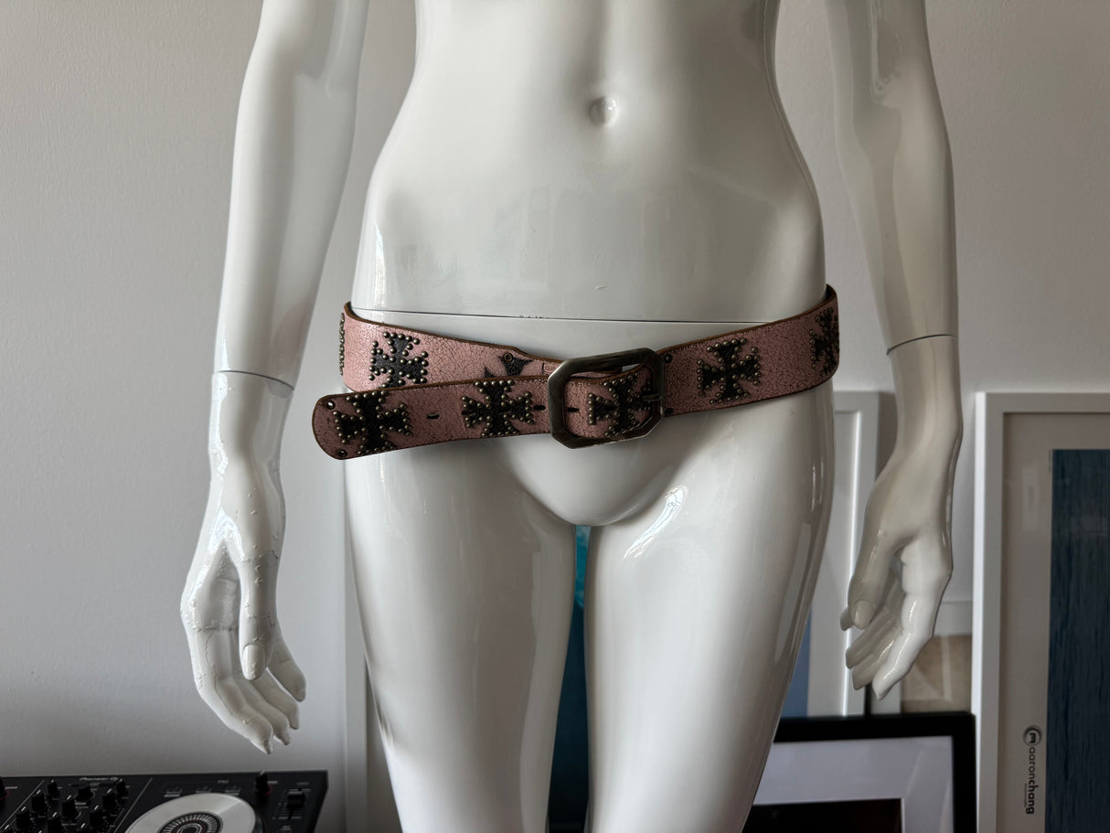 Pink Cracked Leather Belt with Studded Cross