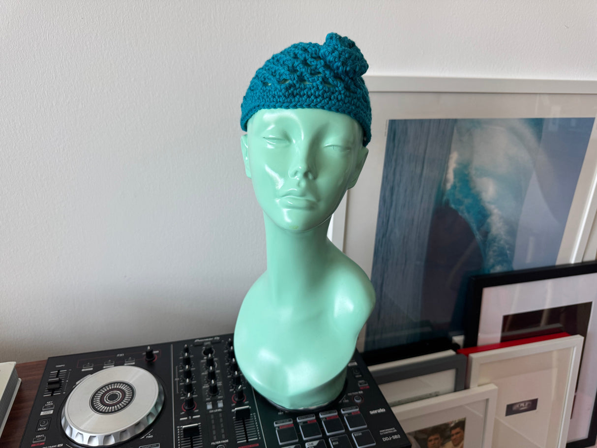 Turquoise Wool Crochet Skull Cap Beanie