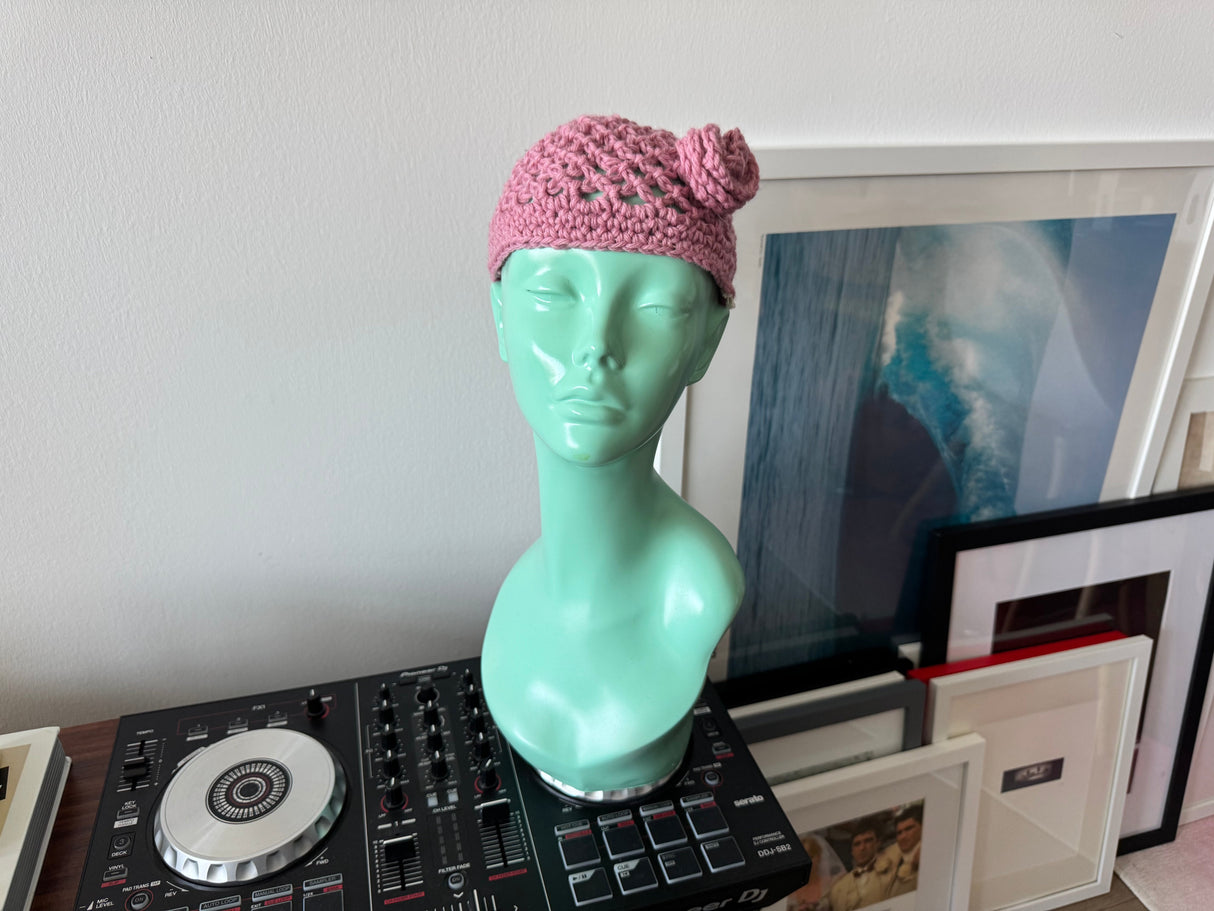 Pink Wool Crochet Skull Cap Beanie