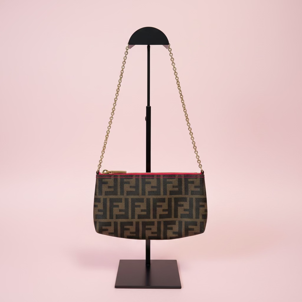 FENDI Zucca Print PVC Canvas Chain Accessory Pouch Brown 8BR592