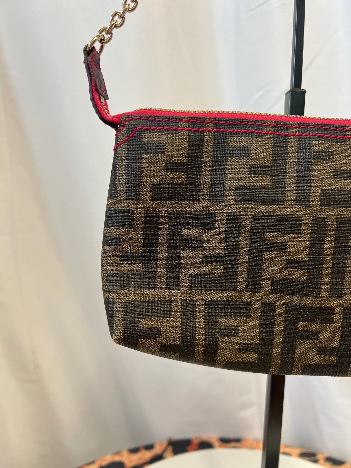 FENDI Zucca Print PVC Canvas Chain Accessory Pouch Brown 8BR592