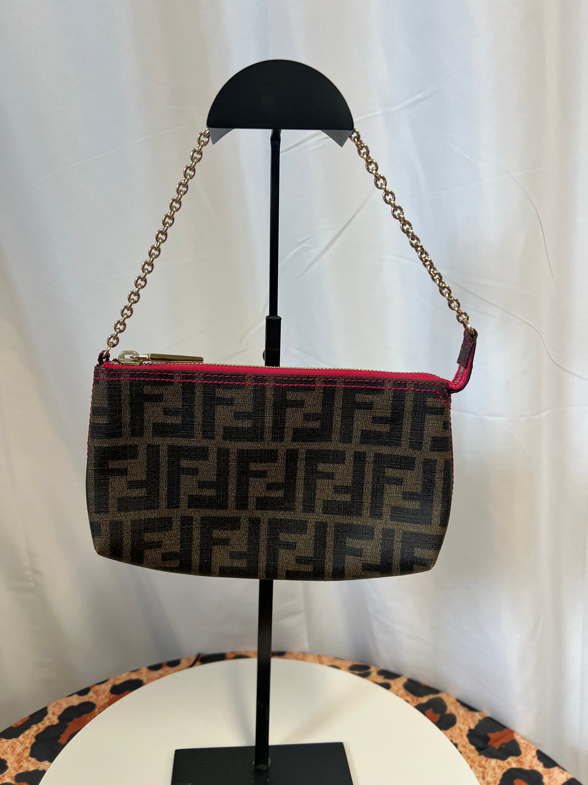 FENDI Zucca Print PVC Canvas Chain Accessory Pouch Brown 8BR592