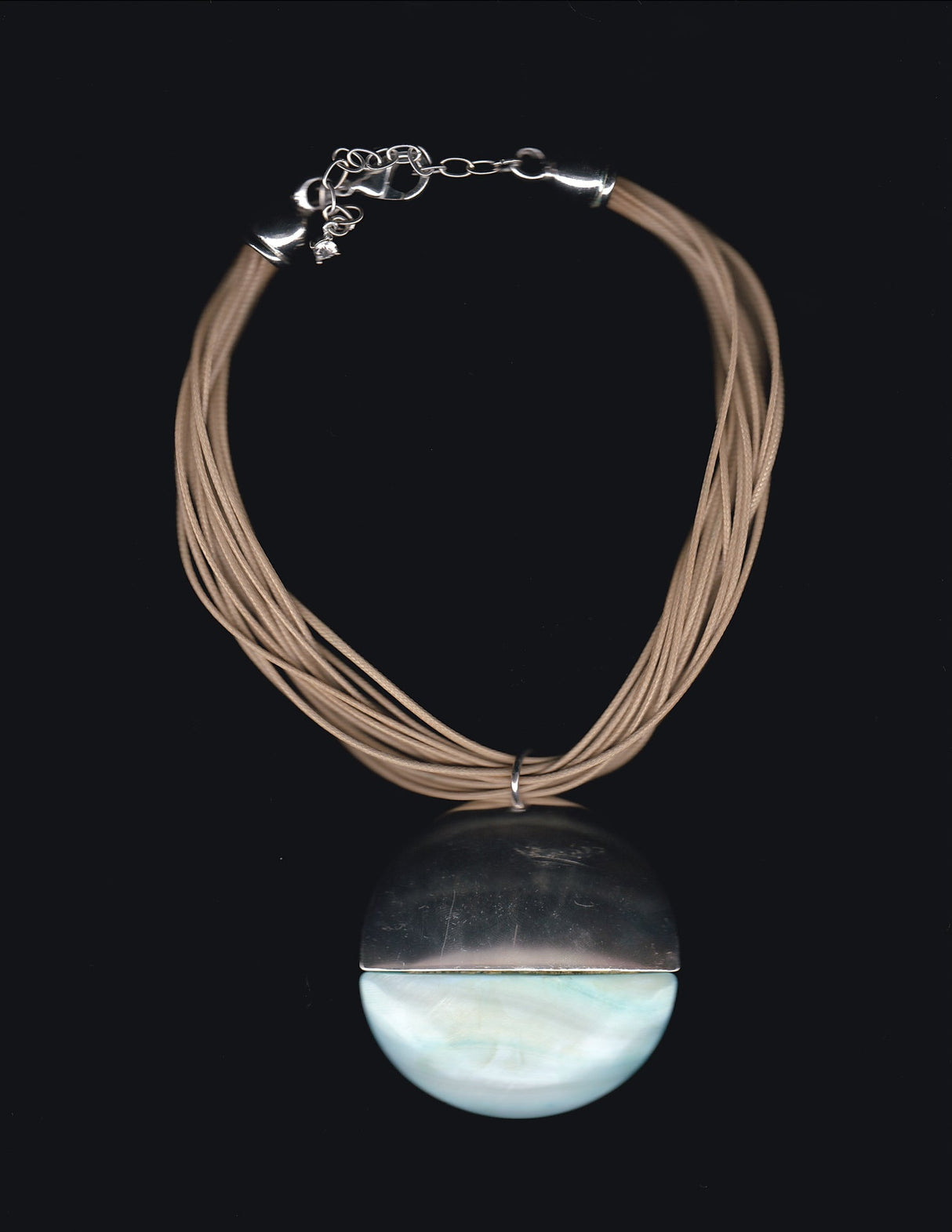 Silver Circle Pendant and Brown Cord Necklace