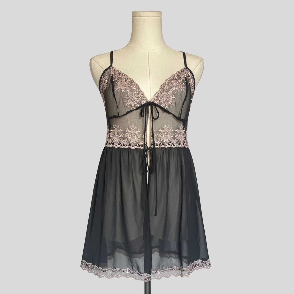 Sheer lace trim split front flyaway chemise in black