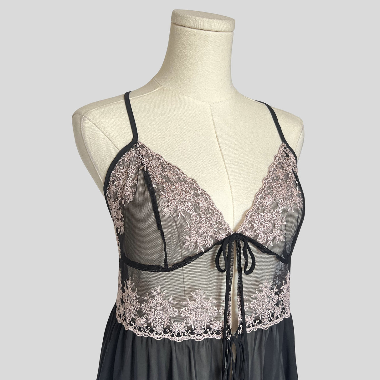 Sheer lace trim split front flyaway chemise in black