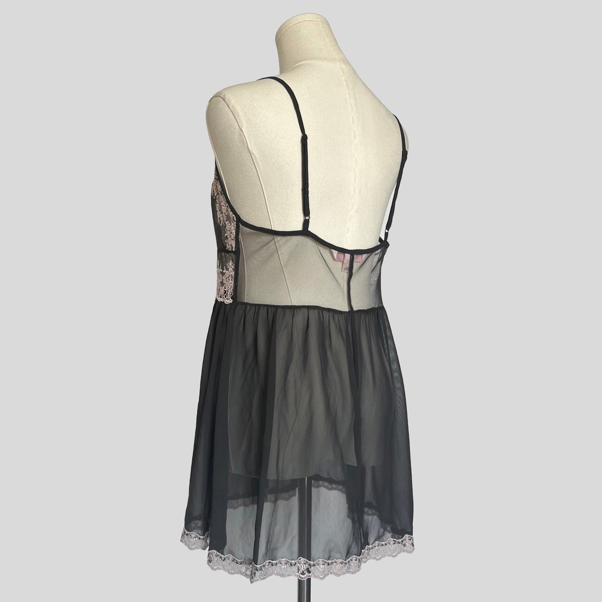 Sheer lace trim split front flyaway chemise in black