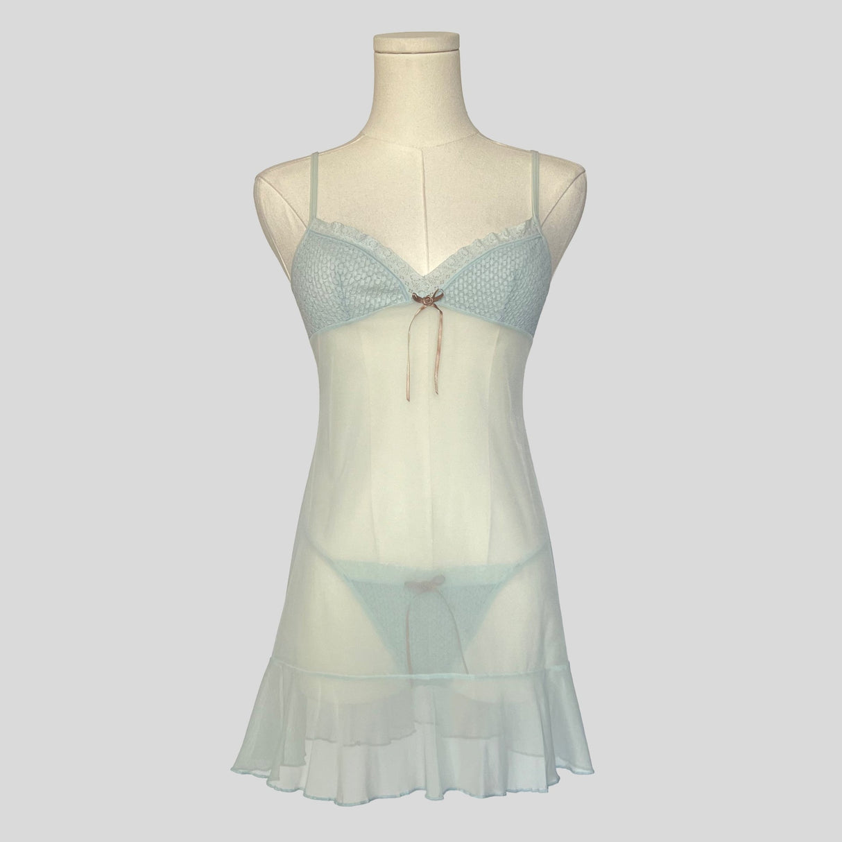 Textured bust ruffled slip dress with matching panties in blue
