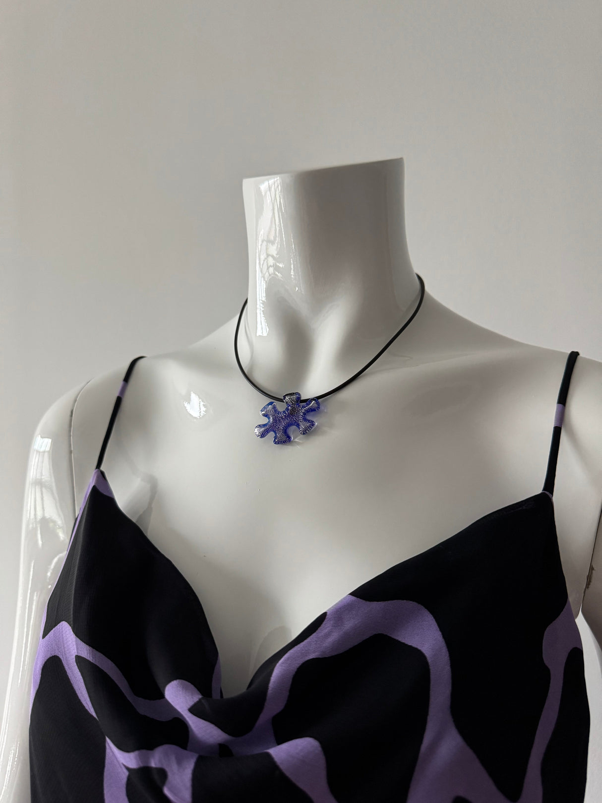 Blue Puzzle Piece and Black Rubber Cord Choker Necklace