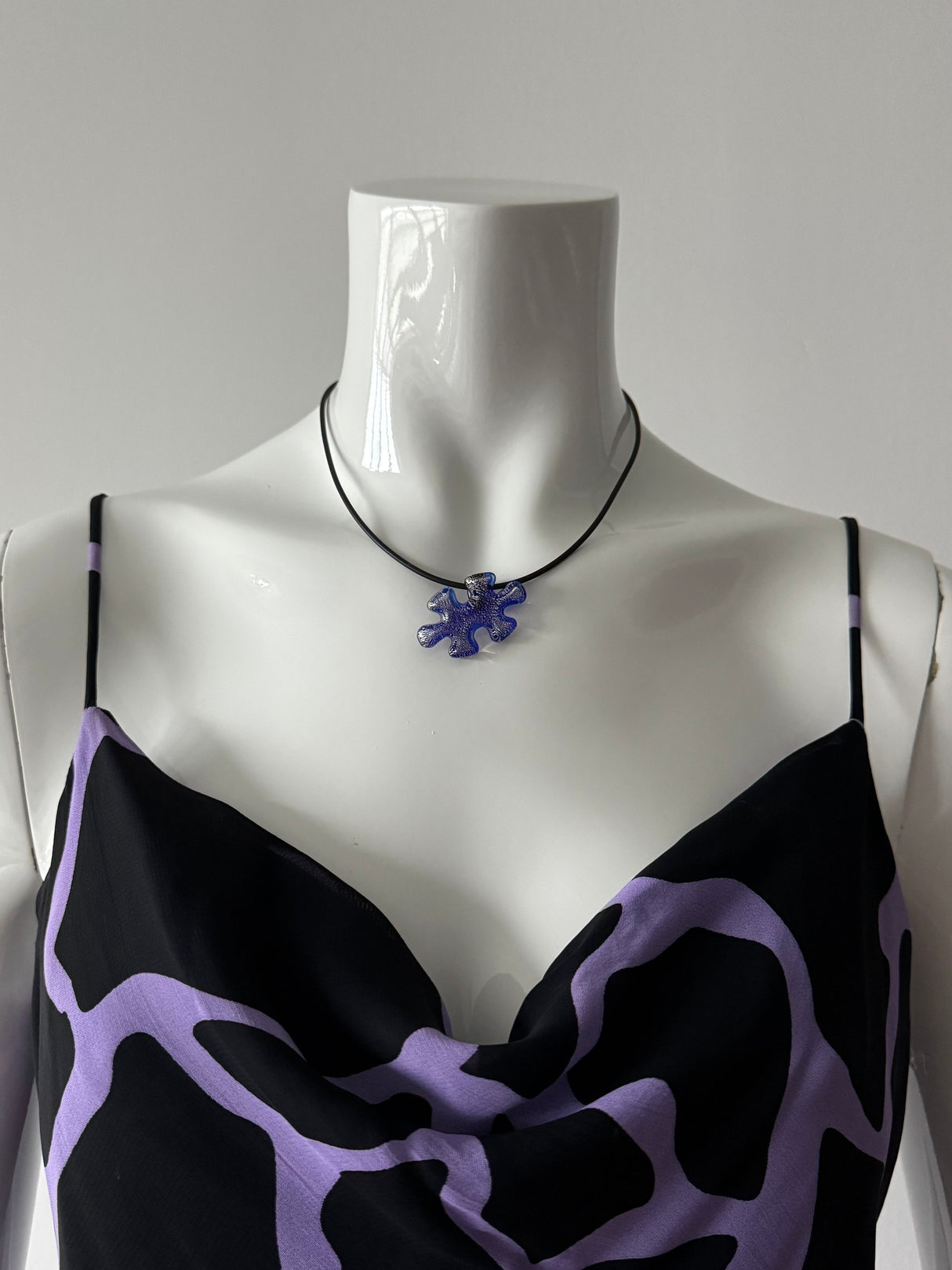 Blue Puzzle Piece and Black Rubber Cord Choker Necklace
