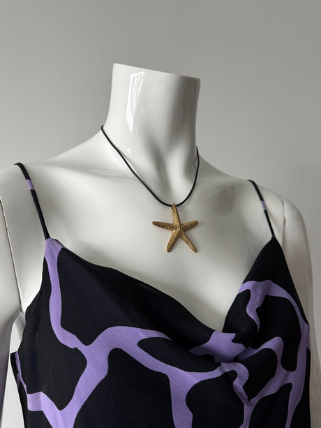 Gold Starfish and Black Rubber Cord Necklace