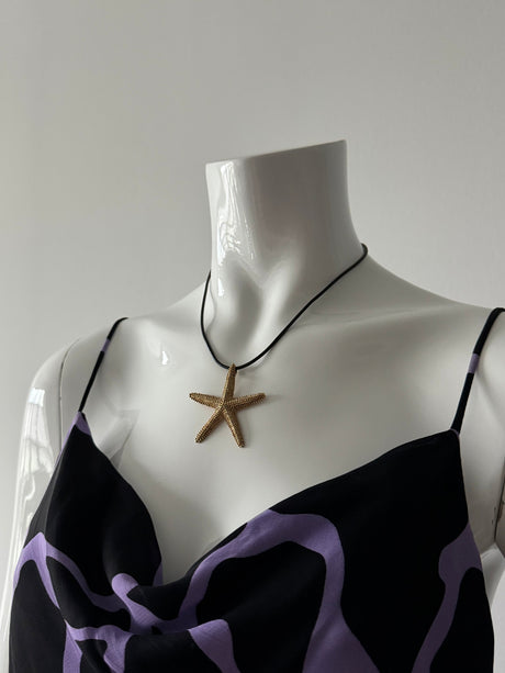 Gold Starfish and Black Rubber Cord Necklace