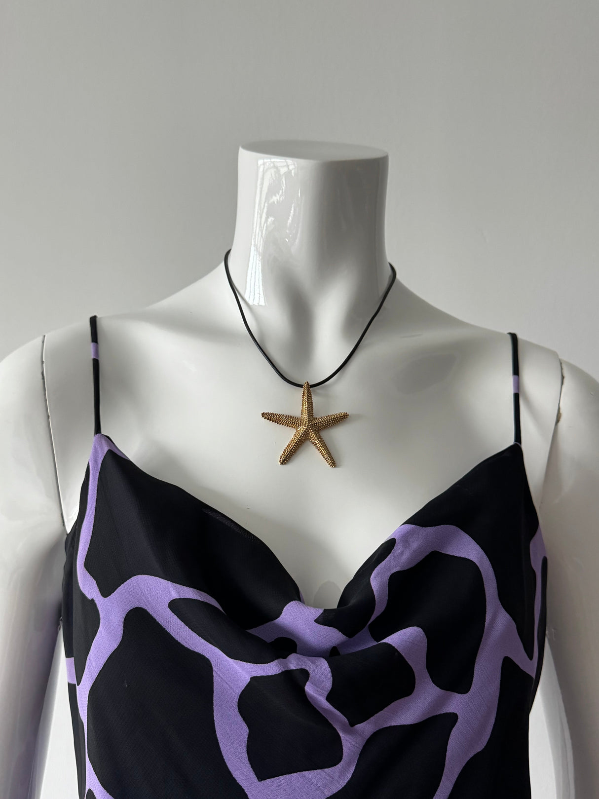 Gold Starfish and Black Rubber Cord Necklace