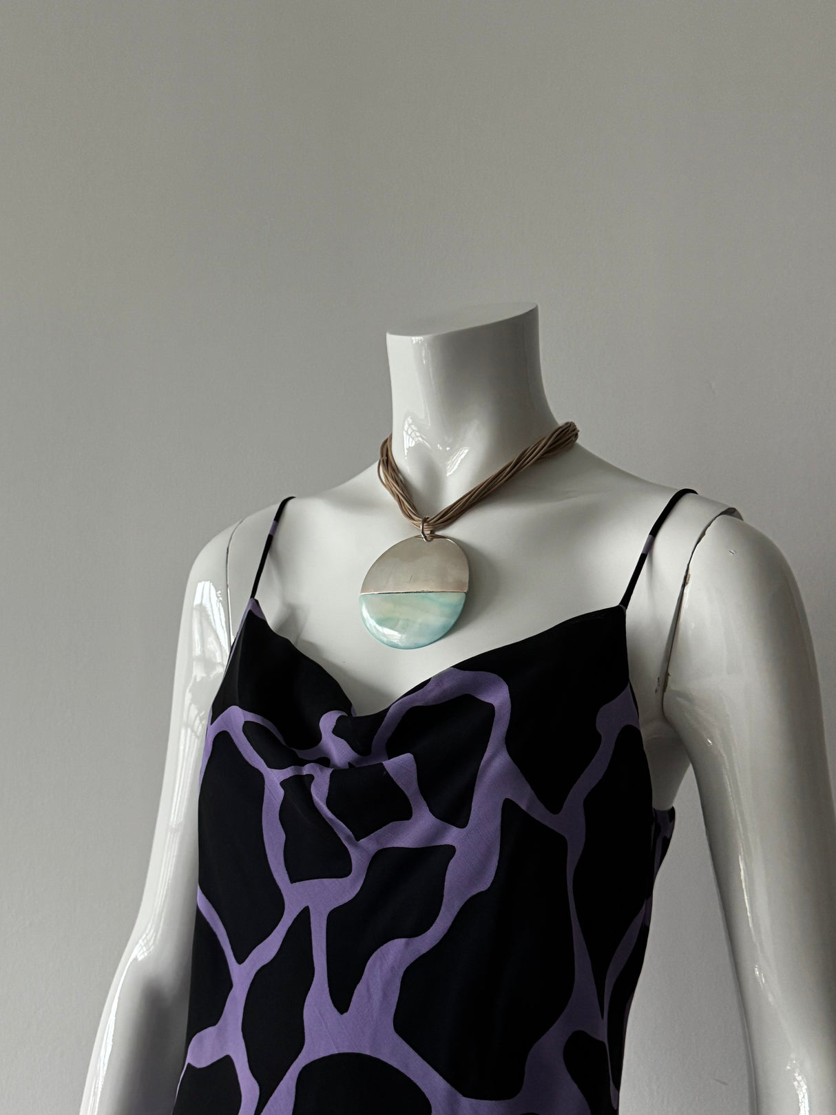 Silver Circle Pendant and Brown Cord Necklace