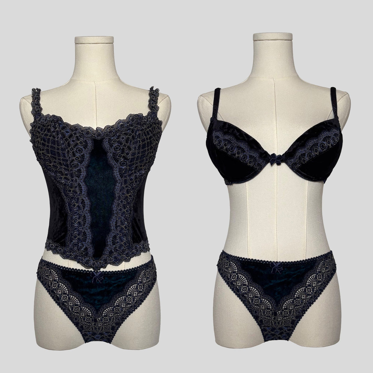 Velvet lace trim three piece lingerie set