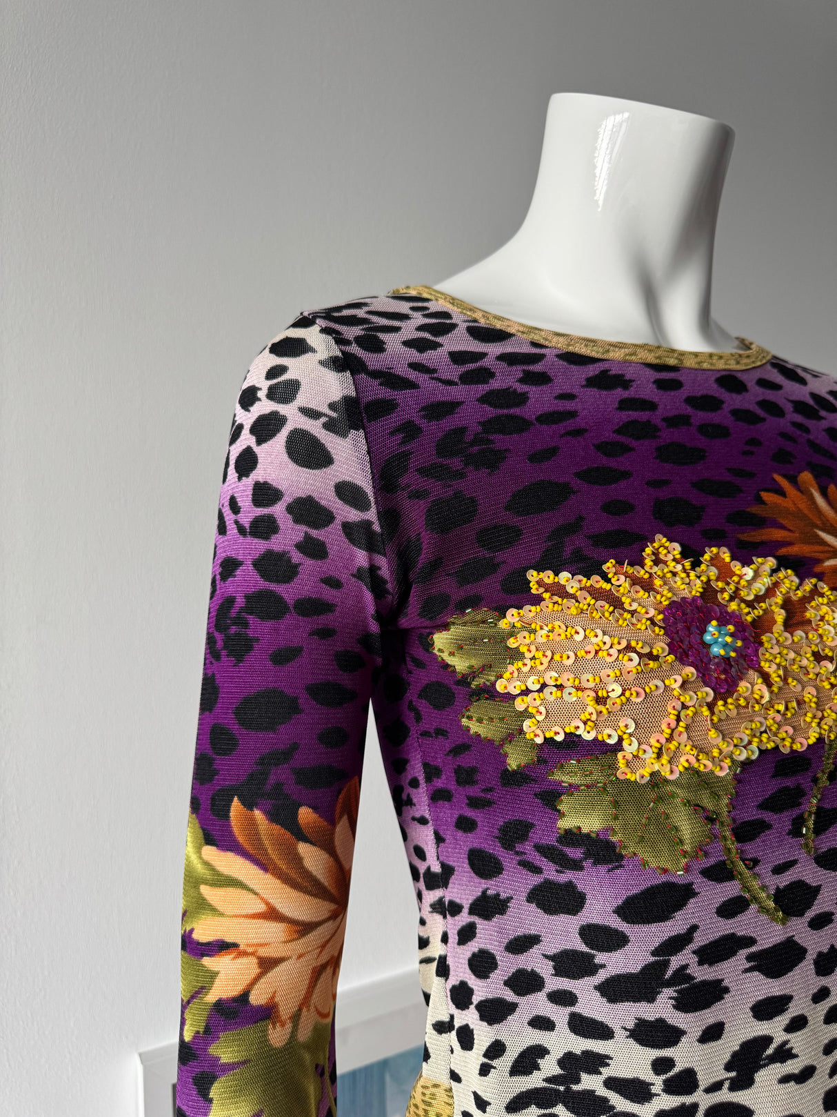 KOKOMO Mesh Leopard Print Beaded Long Sleeve Top