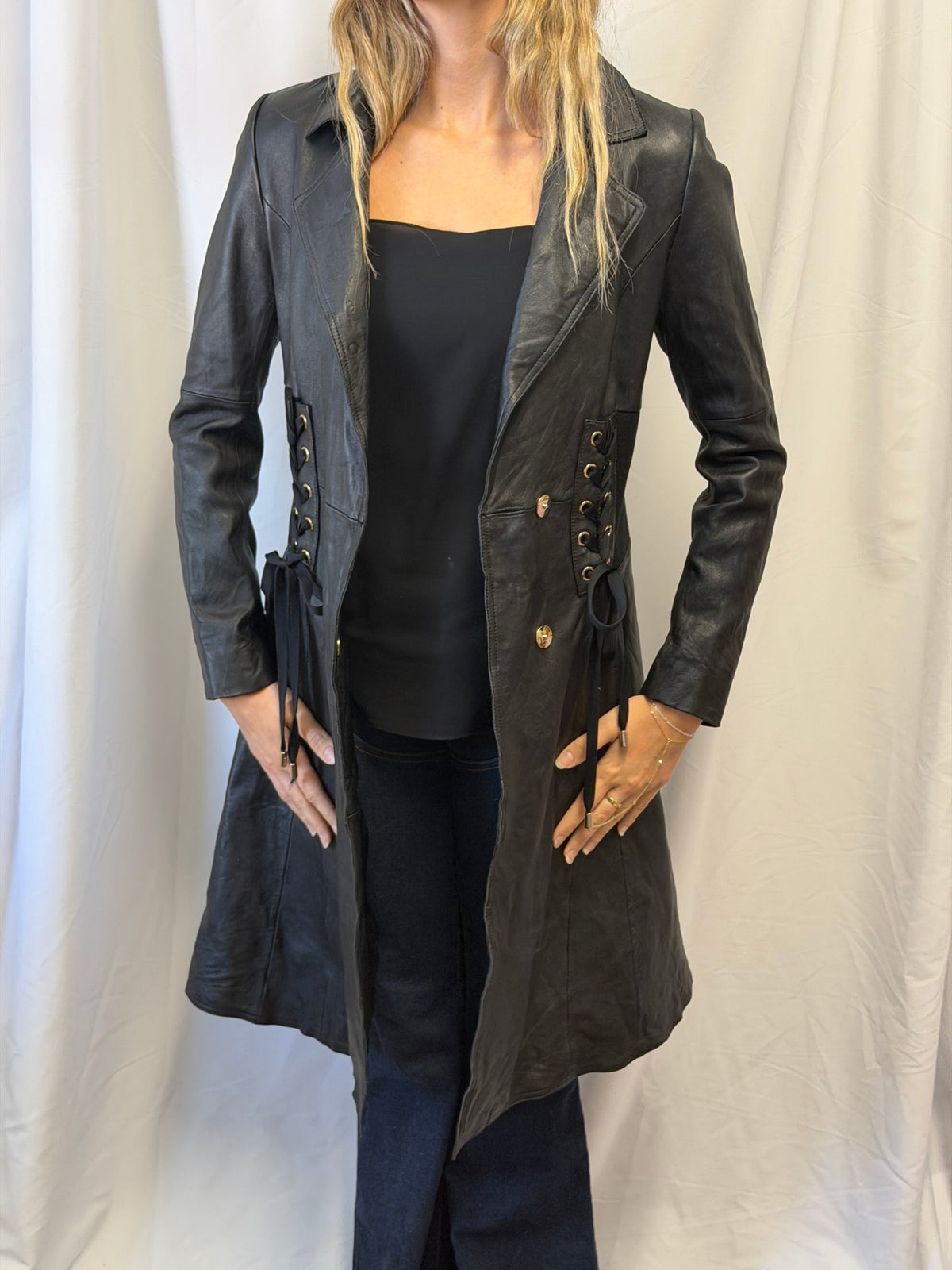Black Leather Lace-Up Corset Coat