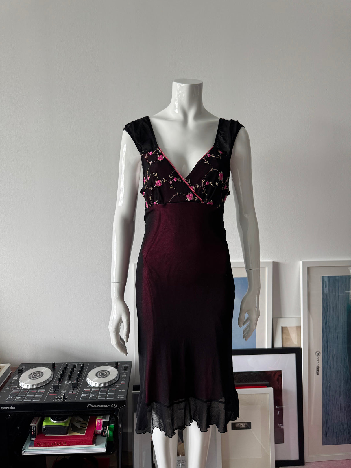 Black and Pink Mesh Floral Babydoll Dress