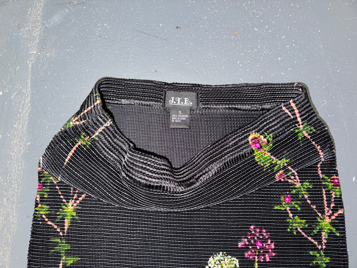 Black Floral Beaded Crinkle Midi Skirt