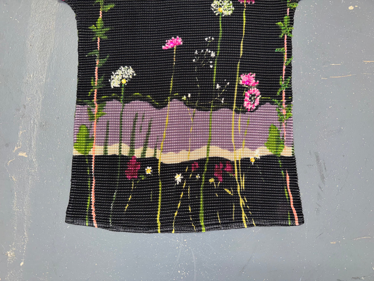 Black Floral Beaded Crinkle Mock Neck Top