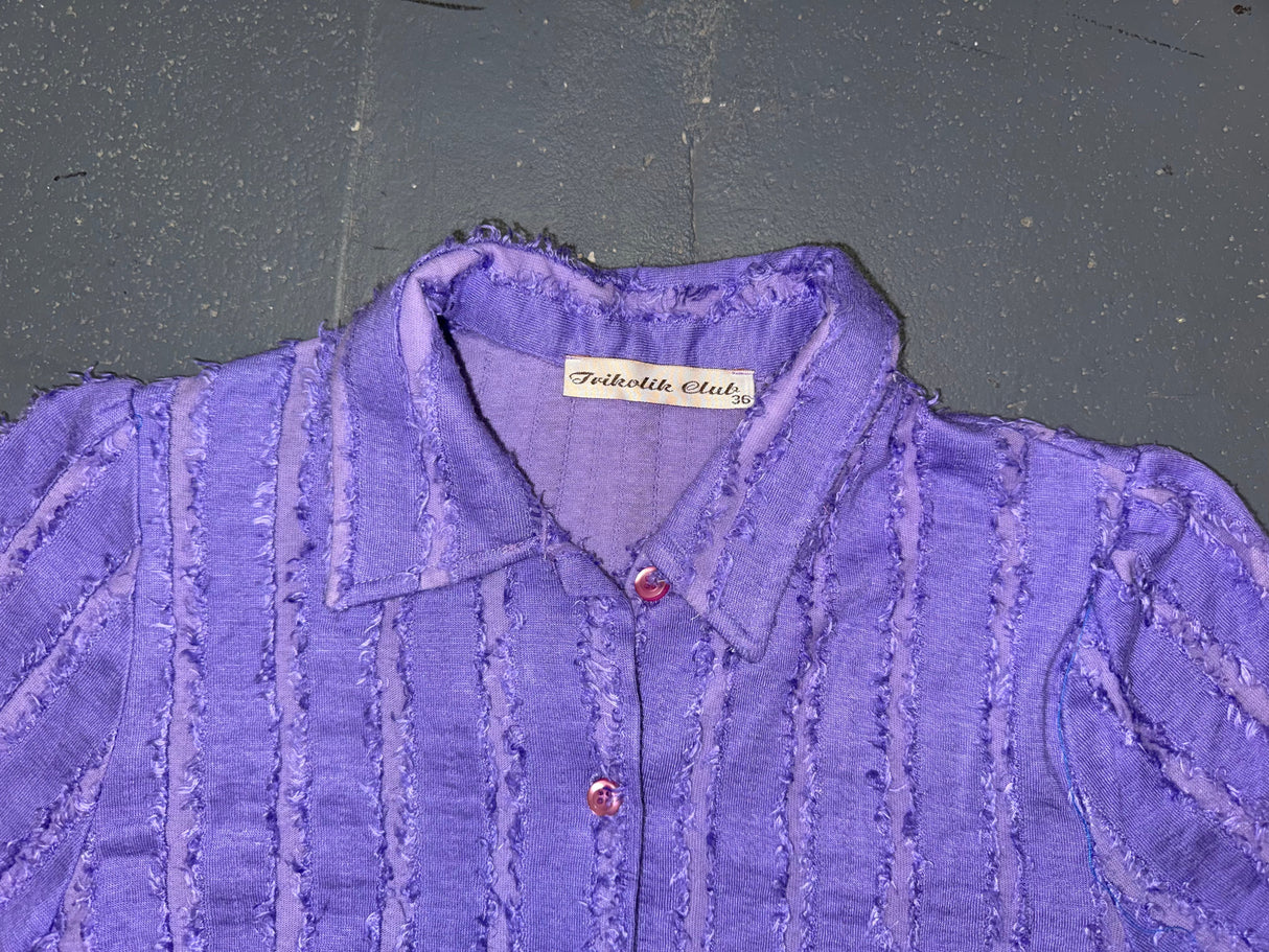 Purple Frayed Short Sleeve Button Up Top