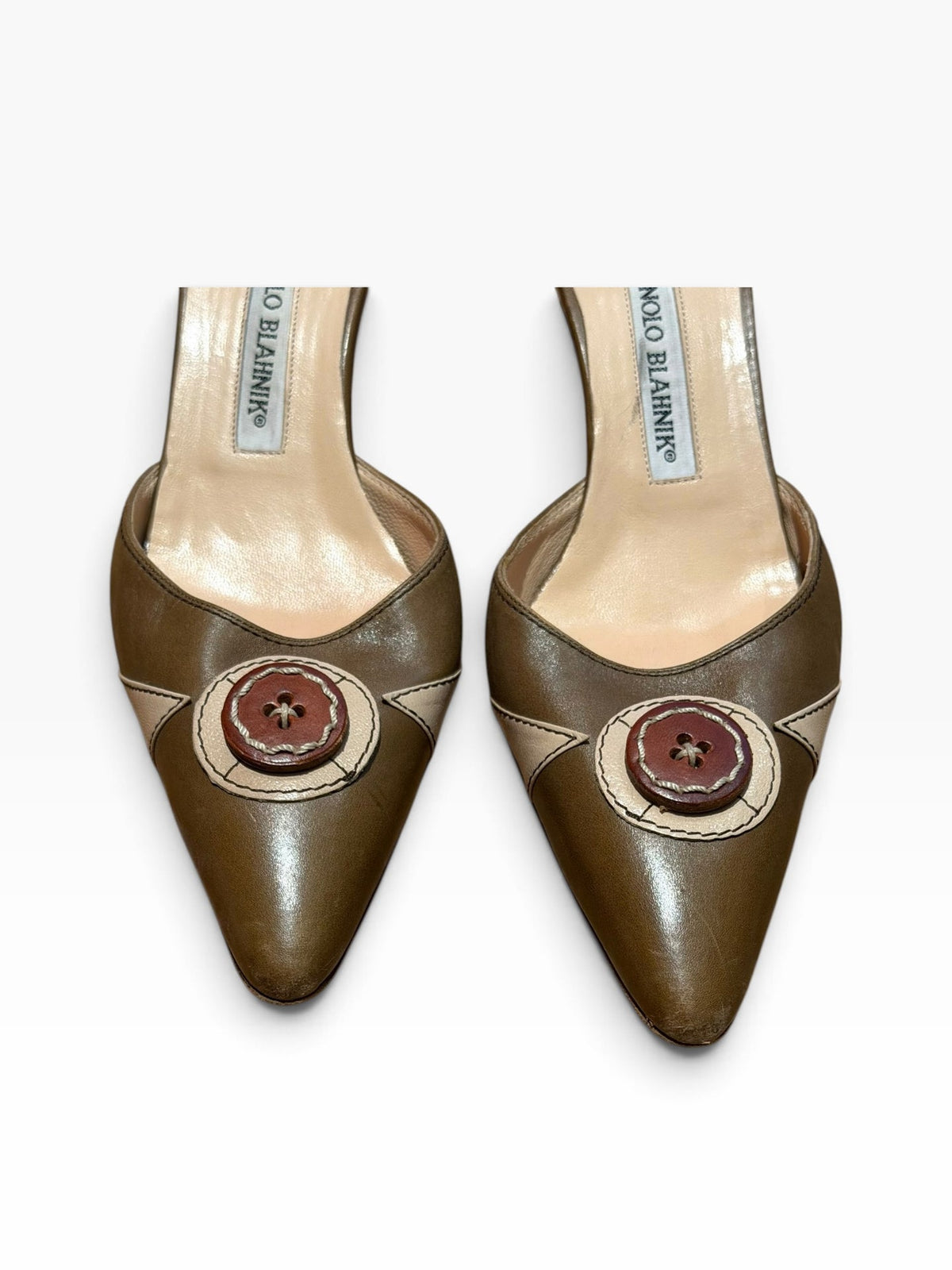 Manolo Blahnik olive mules with brown button details (35.5)