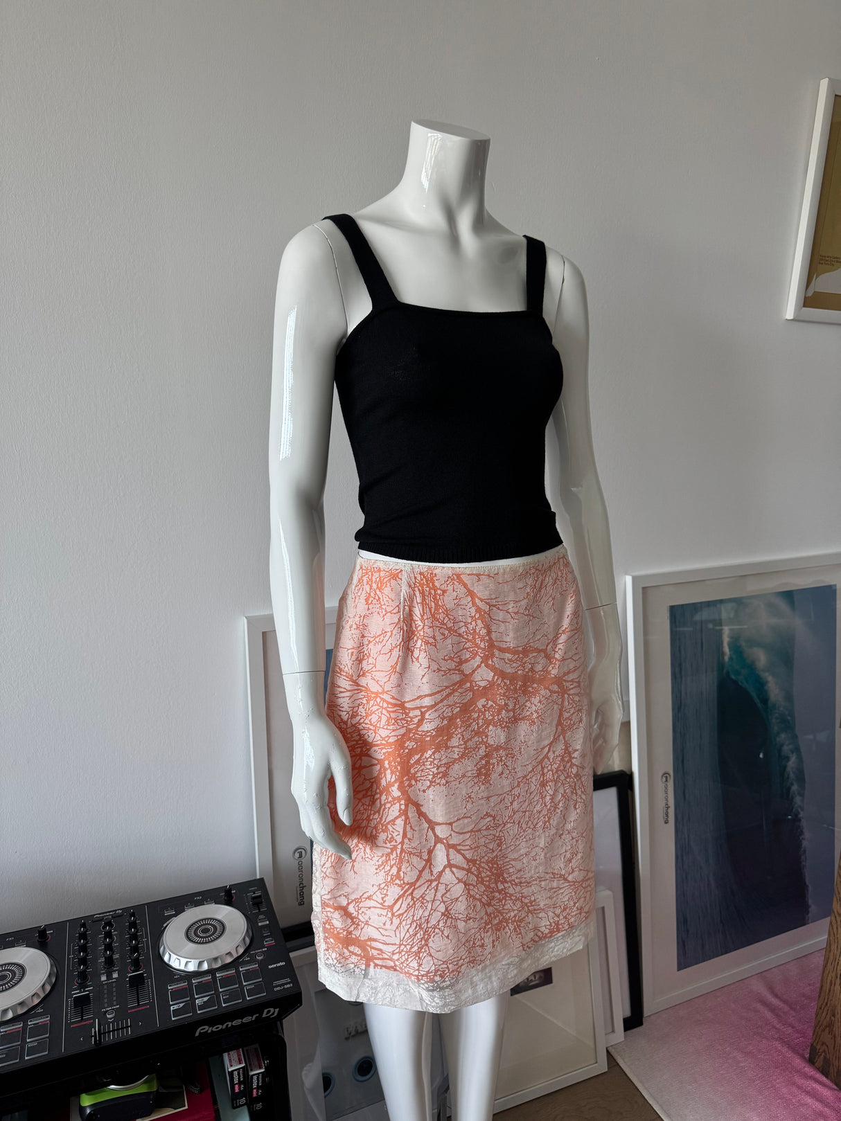 Peach and White Overlay Tree Print Midi Skirt