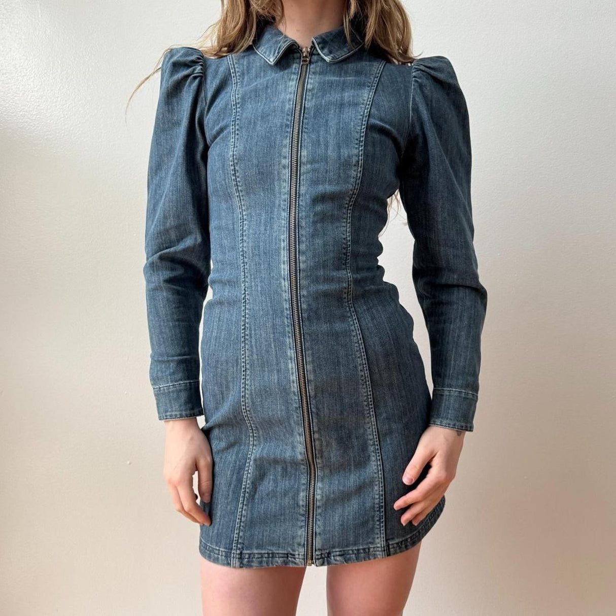 Alexa Chung Denim Puff Sleeve Mini Dress