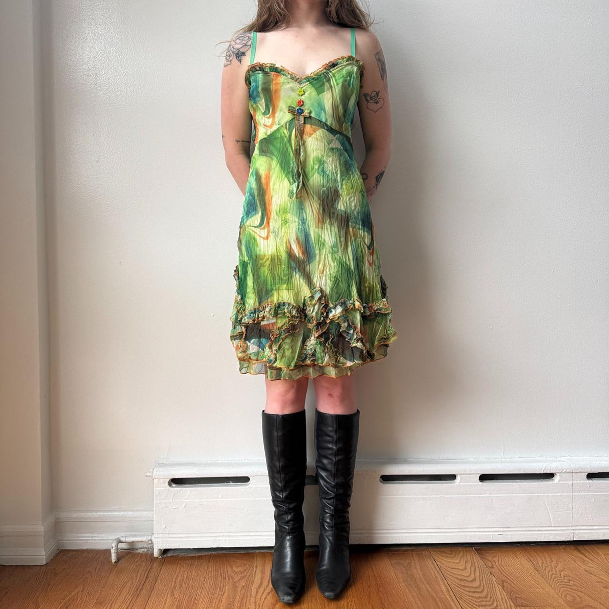 Italian Green Funky Print Ruffled Midi Dress