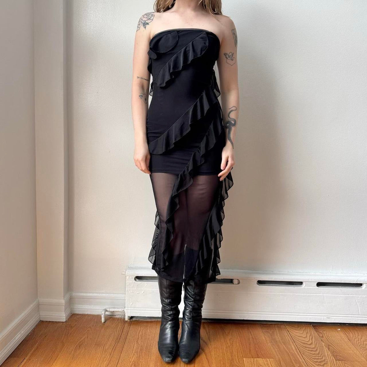 Italian Black Mesh Ruffled Maxi Dress