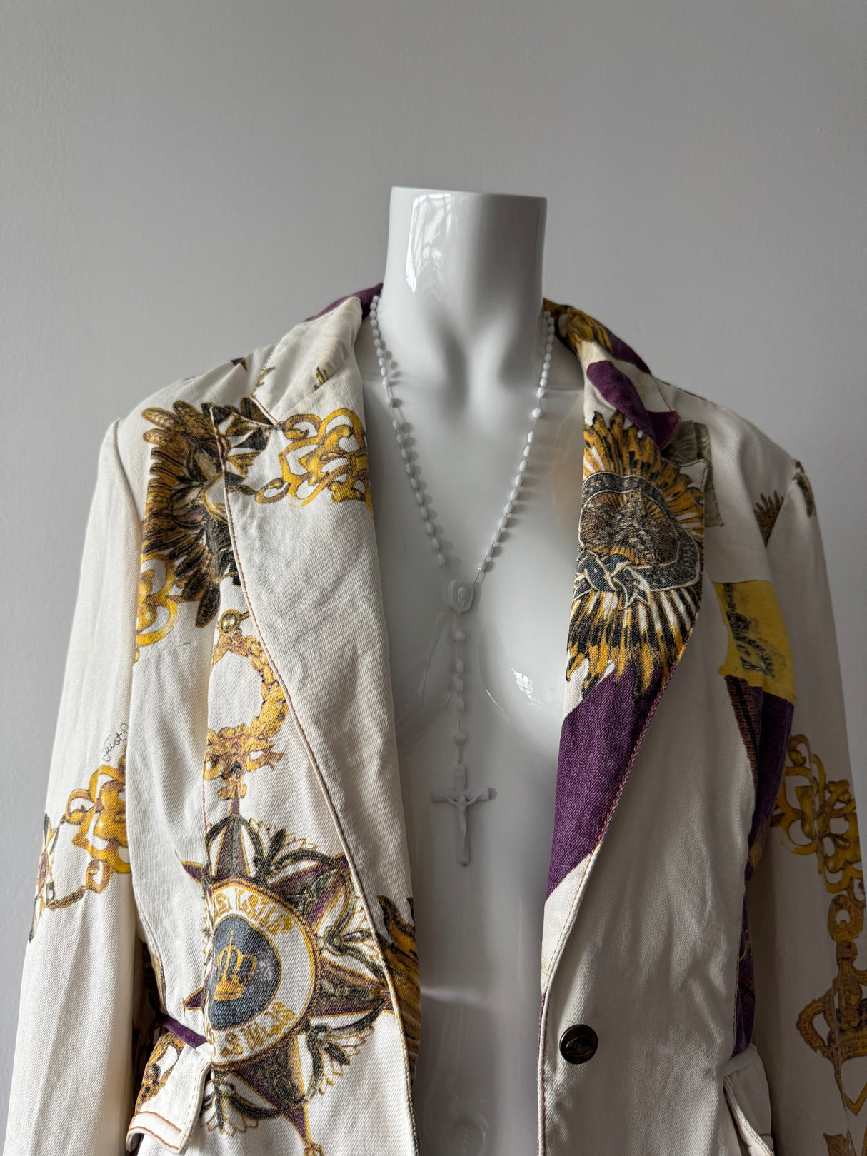 JUST CAVALLI White Medal Print Denim Blazer Jacket