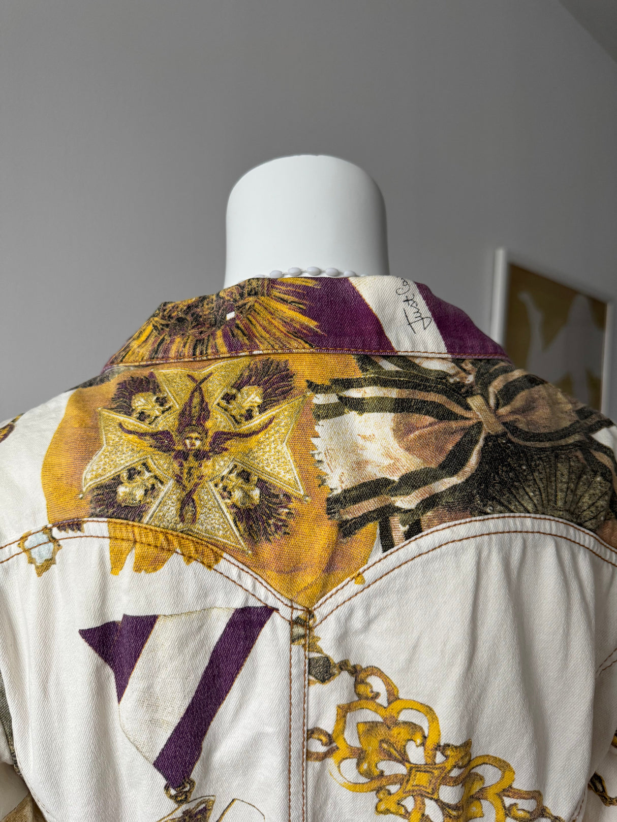 JUST CAVALLI White Medal Print Denim Blazer Jacket
