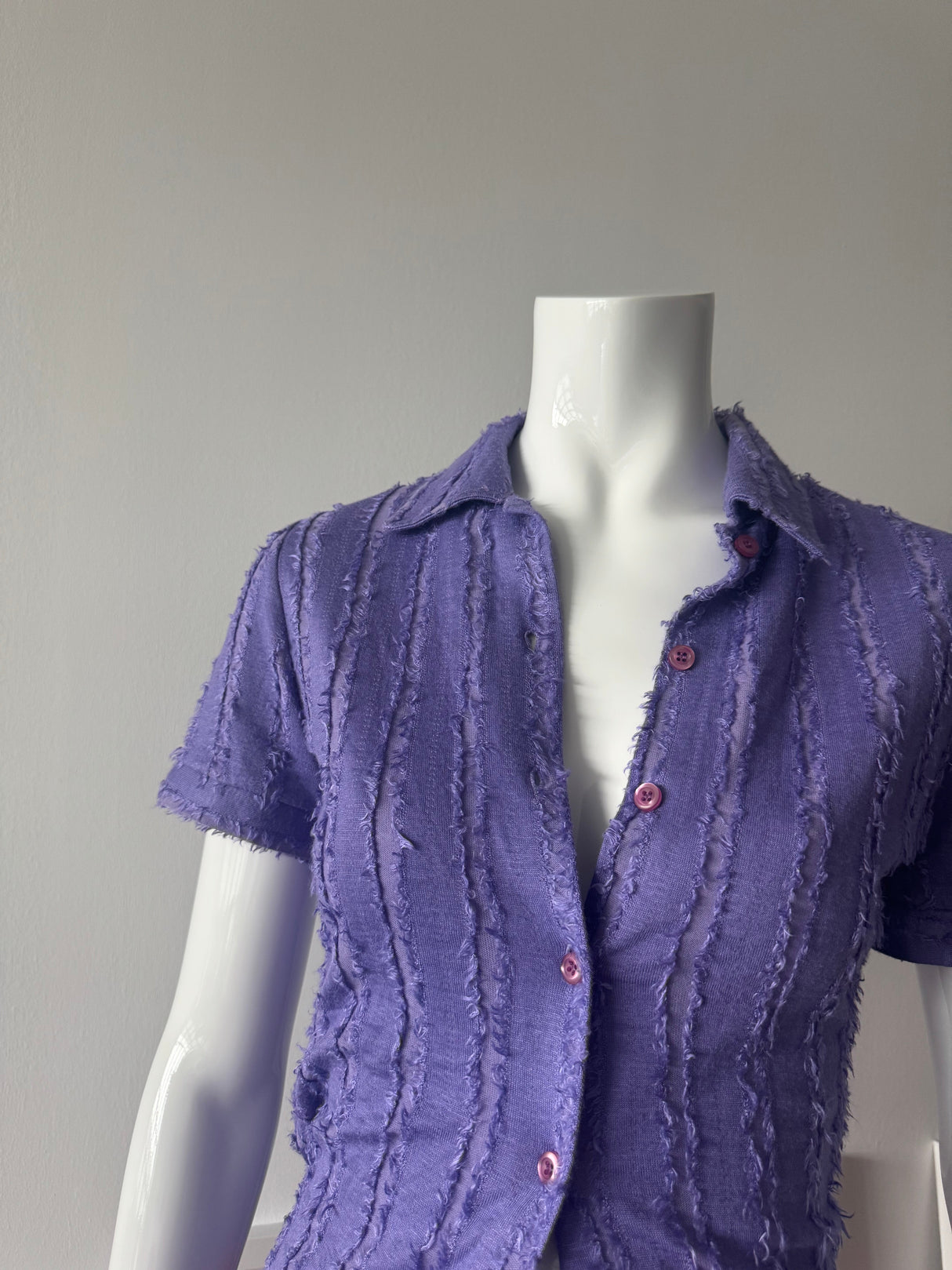 Purple Frayed Short Sleeve Button Up Top