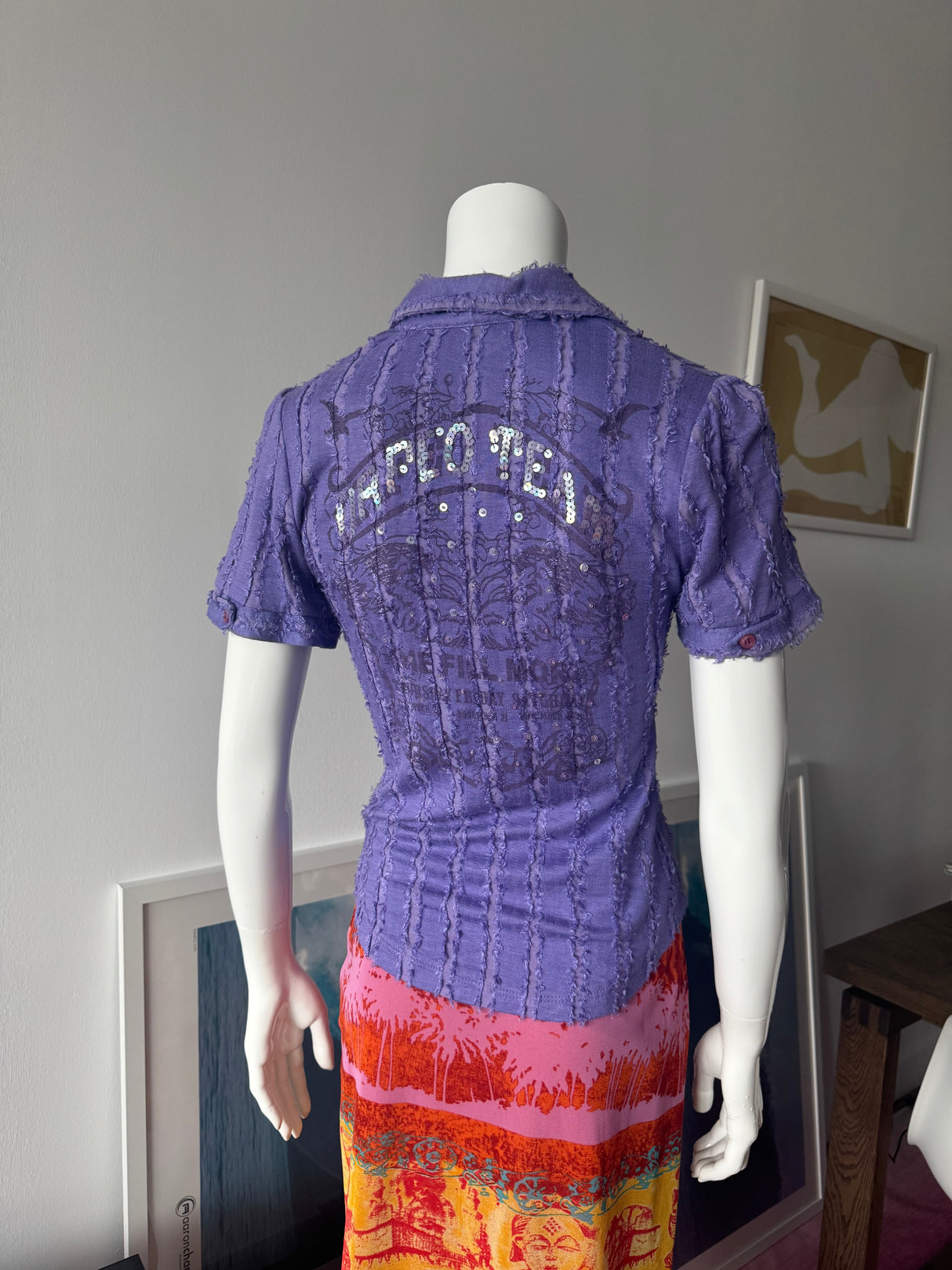 Purple Frayed Short Sleeve Button Up Top