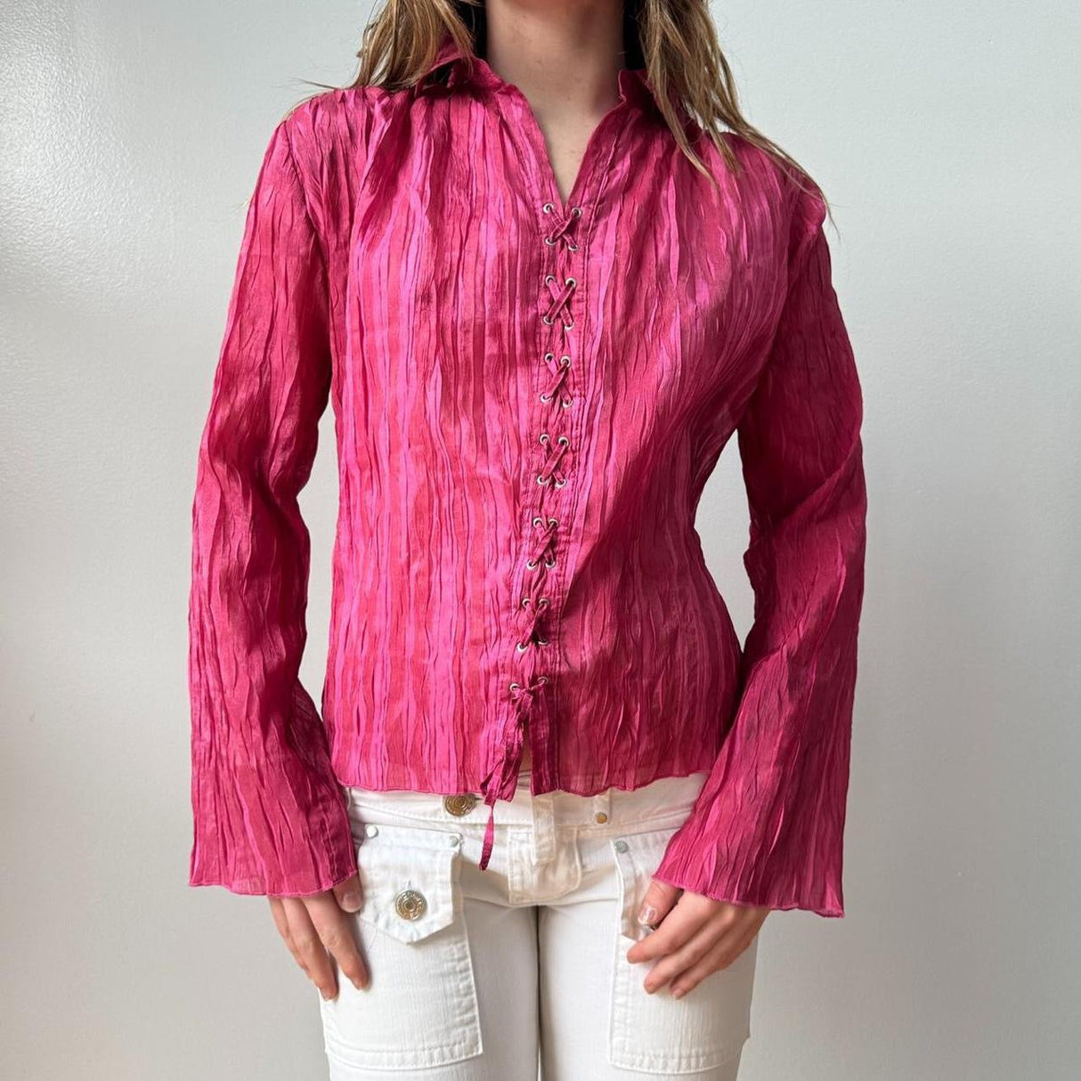 French Hot Pink Lace Up Blouse
